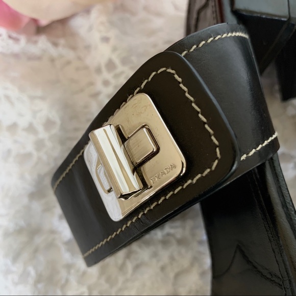 VINTAGE BLACK PRADA SLIP ON SLIDES LEATHER SANDALS WITH SILVER BUCKLE - Picture 8 of 16